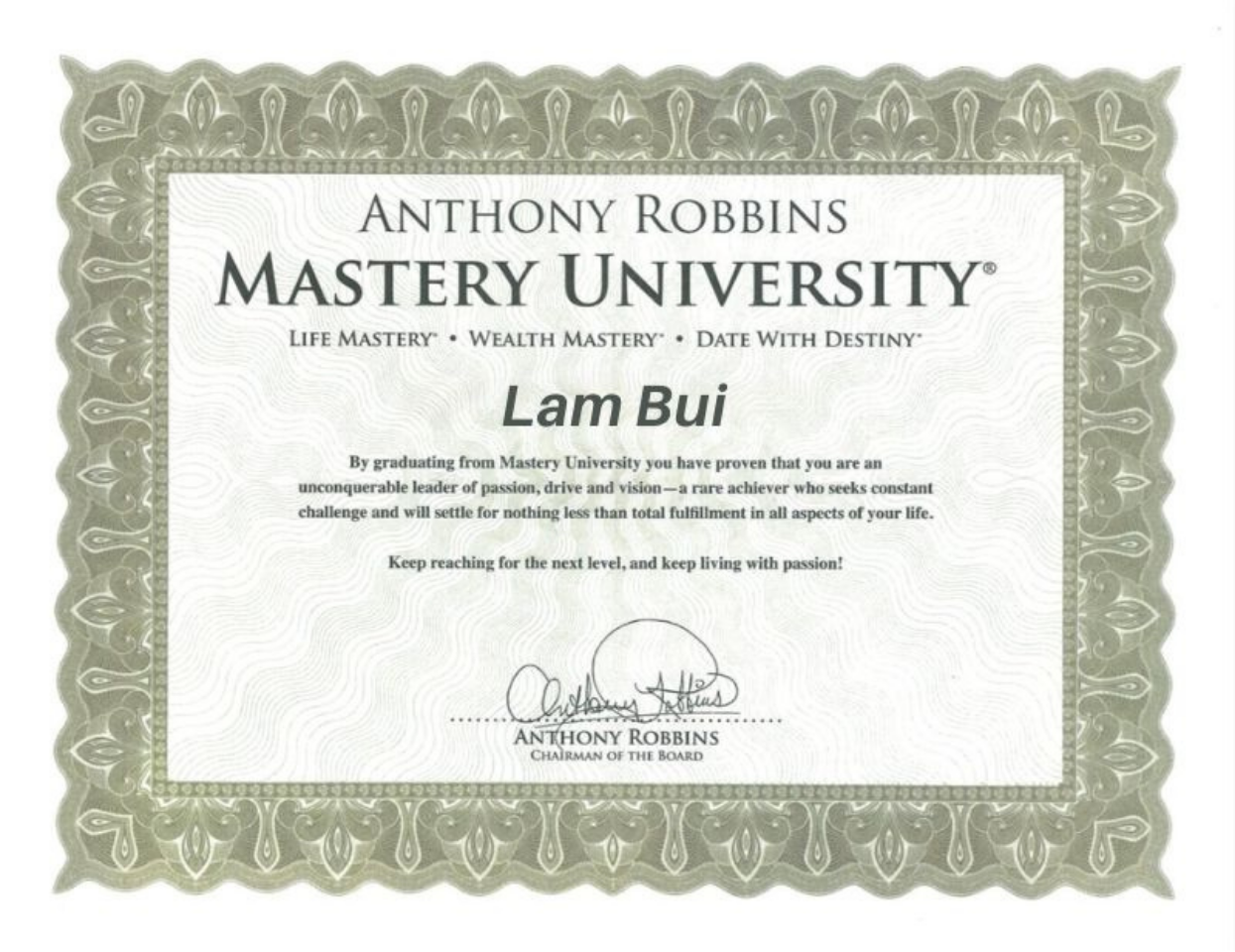 Chứng nhận Anthony Robbins Mastery University